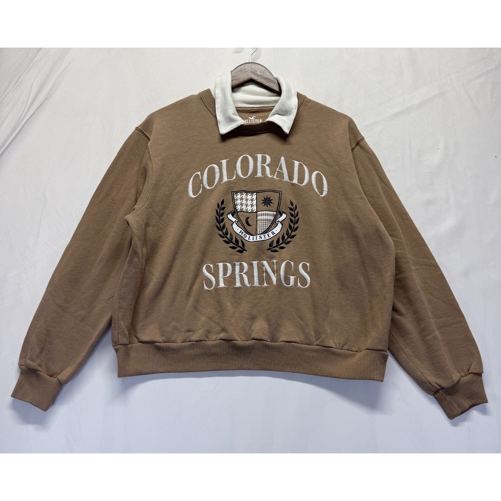 Hollister Oversized Sweatshirt Womens M Brown Embroidered Colorado Springs Logo